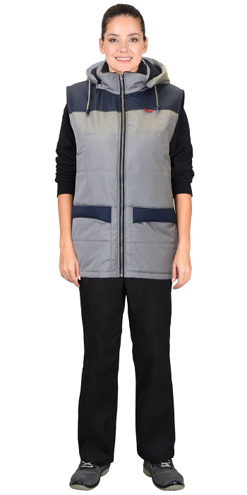 Жилет "ЕВРОНИКА" утепл., серый с синим капюш. на флисе